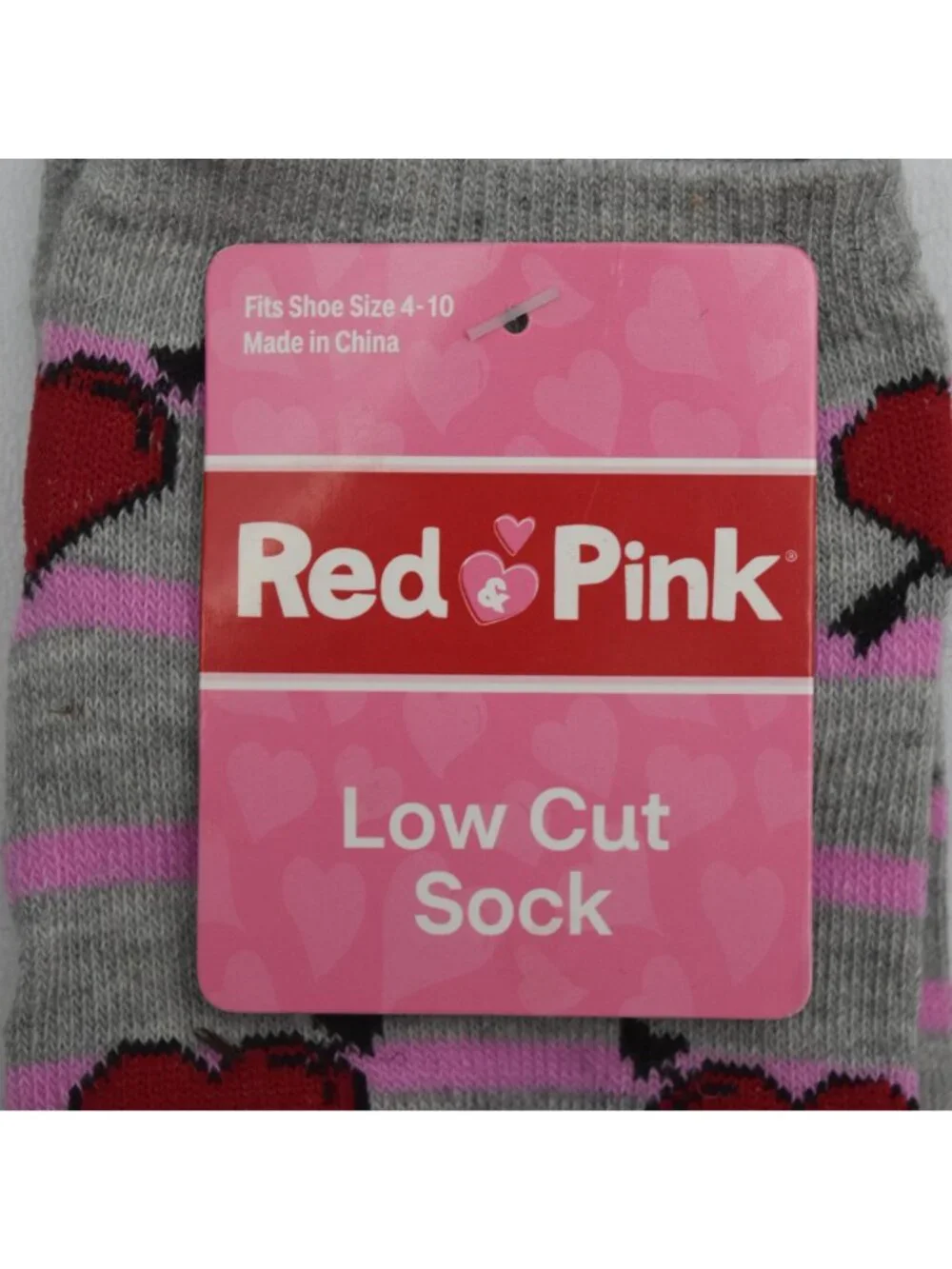 2 Pair of Low Cut Socks Womens Red Hearts Pink Stripes on Gray Lot